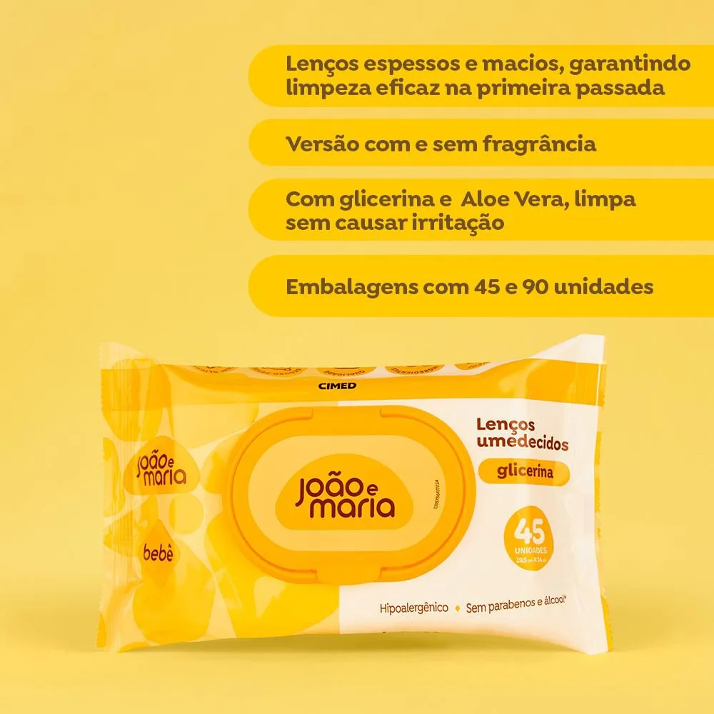 Lenços Umedecidos João e Maria Bebê Glicerina Hipoalergênico Sem Fragrância 45 Unidades