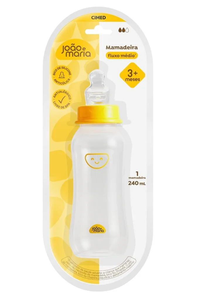 Mamadeira João e Maria Bico Ortodôntico Silicone Amarelo 240ml 1 Unidade