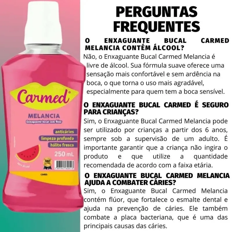 Enxaguante Bucal Carmed Com Flúor Zero Álcool Sabor Melancia 250ml