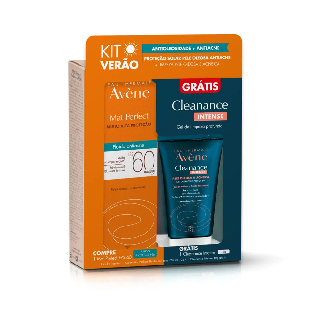 Kit Verão: Protetor Solar Facial Avène Mat Perfect Antiacne FPS60 40g 1 Unidade + 1 Gel de Limpeza Cleanance Intense 40g 1 Unidade