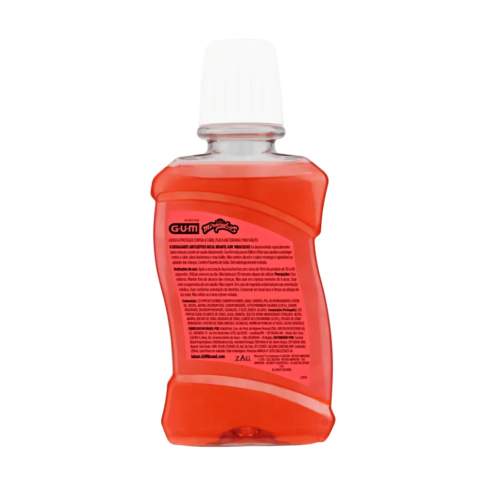 Enxaguante Bucal Infantil GUM Miraculous com Flúor Zero Álcool Anticáries +6 anos Sabor Morango 250ml