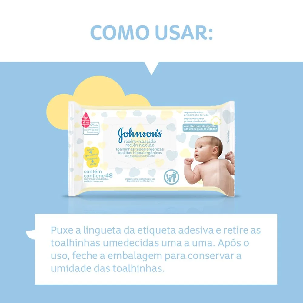 Lenços Umedecidos Johnson's Baby Recém-Nascido Sem Fragrância 48 Unidades