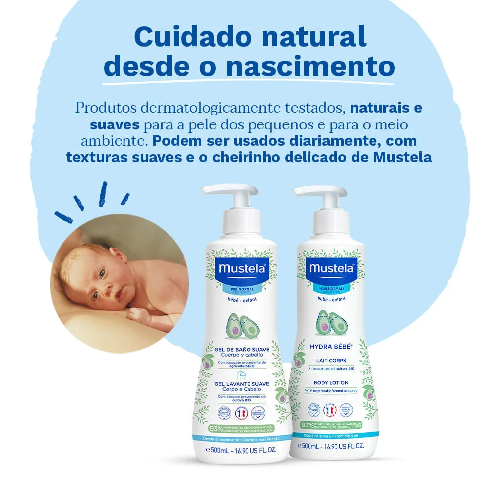 Kit Mustala Gel Lavante Bebê Suave com Abacate Orgânico 500ml + Loção Hidratante Hydra Bébé Bebê Pele Normal 500ml