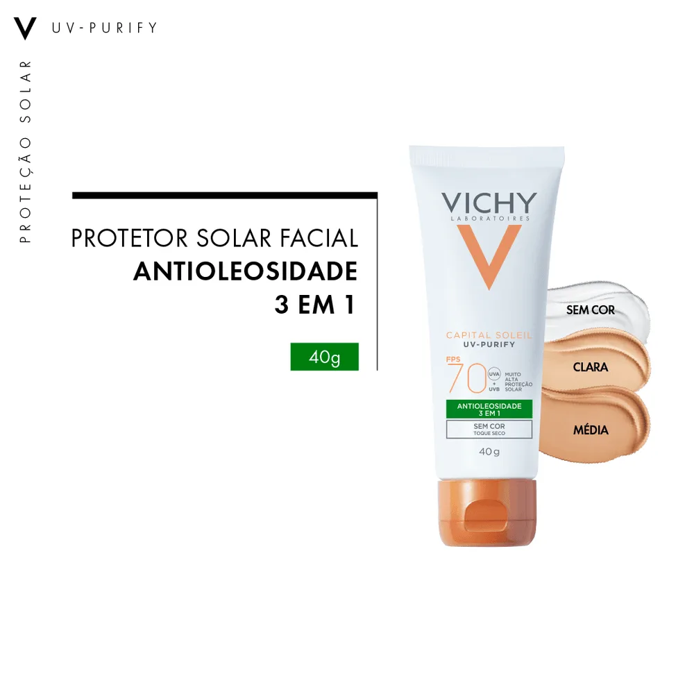 Protetor Solar Facial Vichy Capital Soleil UV-Purify FPS70 Antioleosidade 3 em 1 Sem Cor 40g