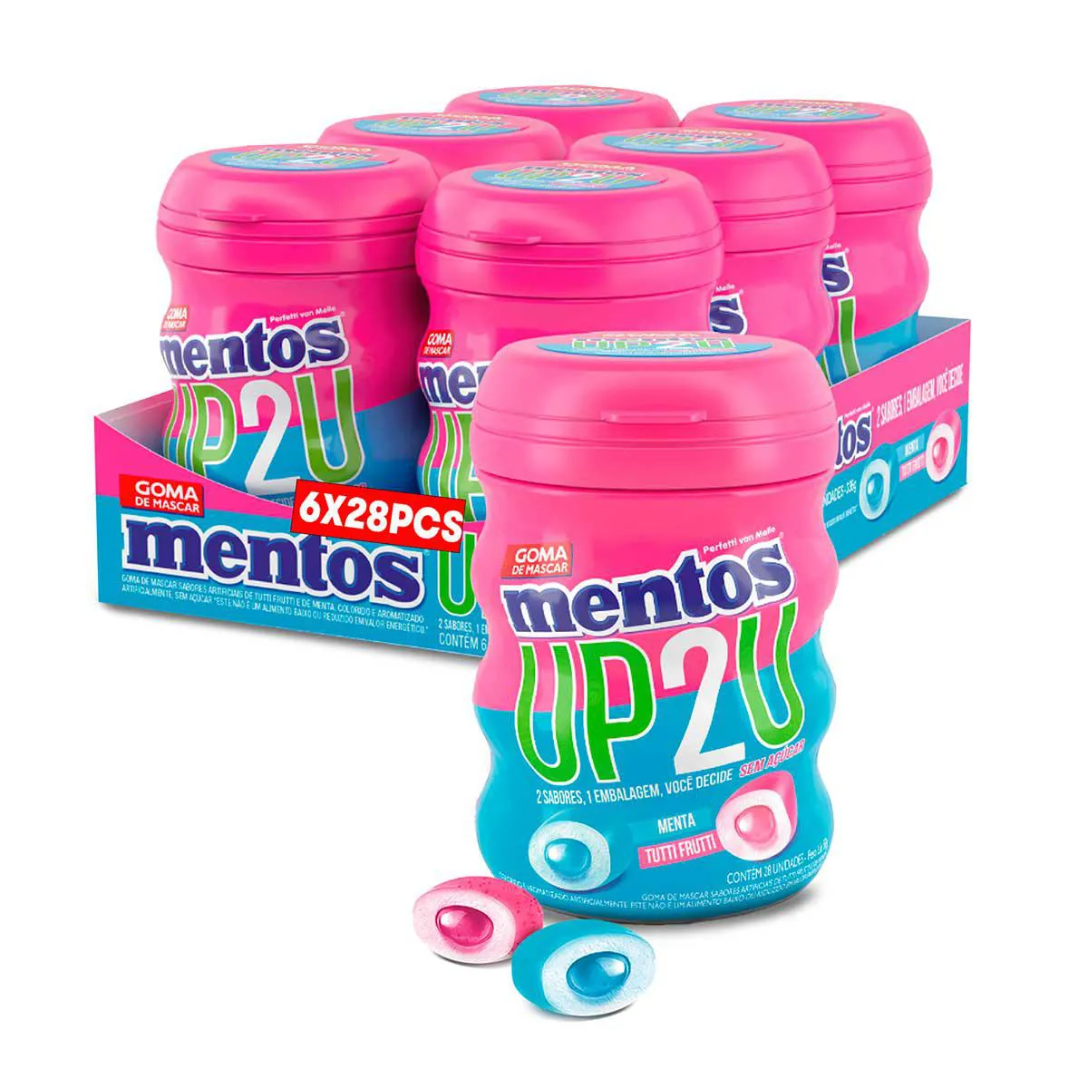 Mentos Up2U Chiclete Sem Açúcar Sabor Menta e Tutti-Frutti com 28 unidades