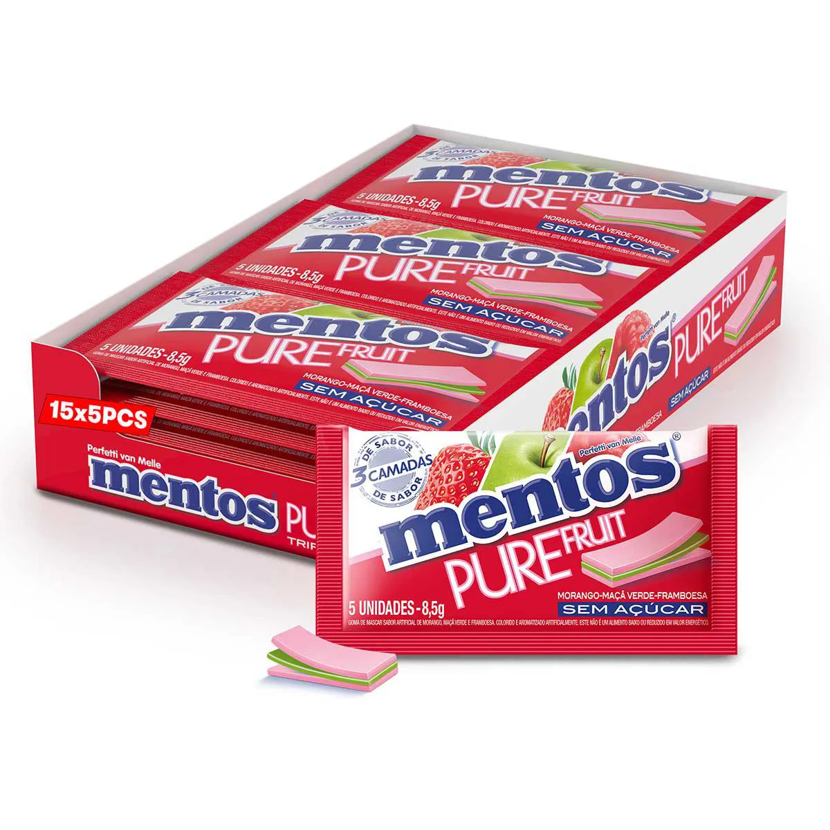 Mentos Pure Fruit Chiclete Sem Açúcar Sabor Morango Maçã Verde e Framboesa com 5 unidades