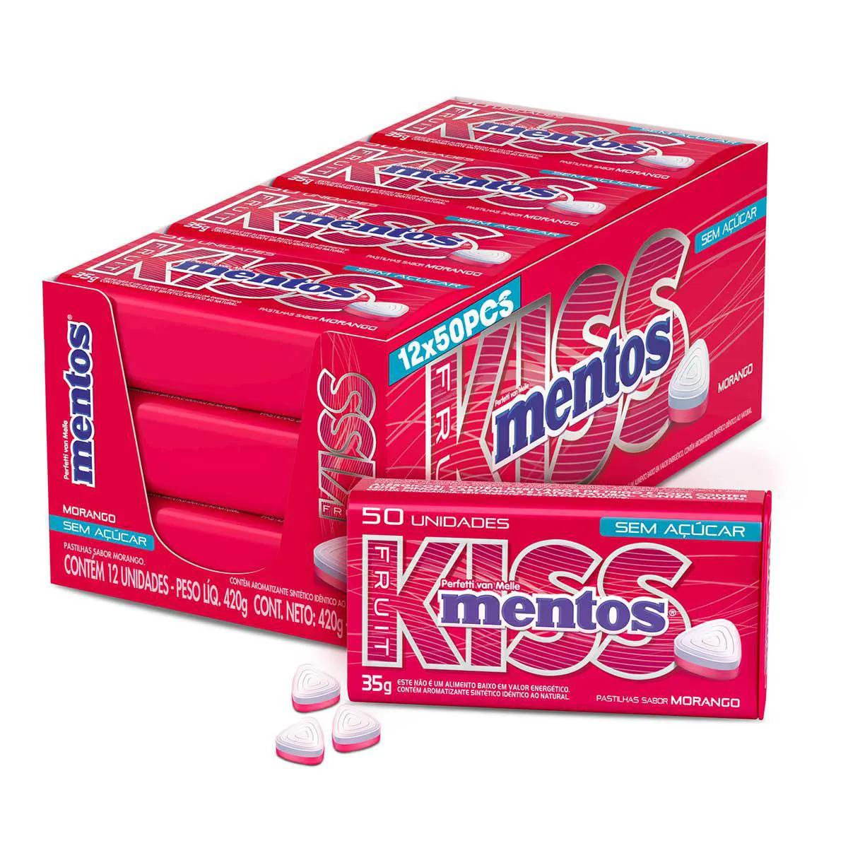 Bala Kiss Mentos Sabor Morango Sem Açúcar 50 unidades