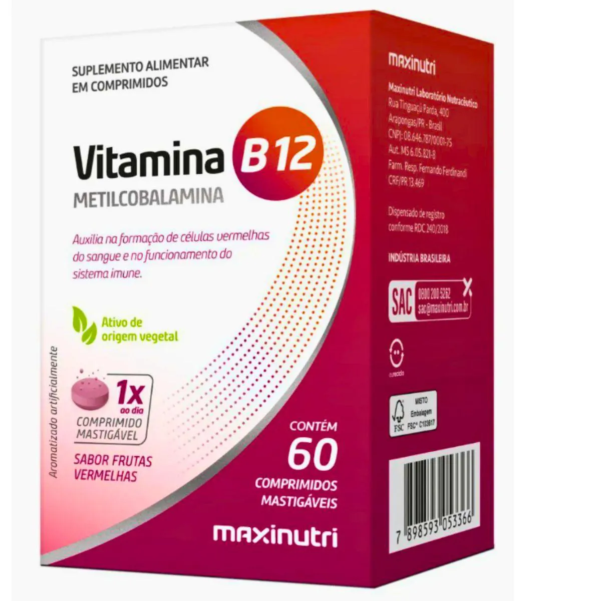 Vitamina B12 Metilcobalamina Sublingual Mastigáveis 60cp