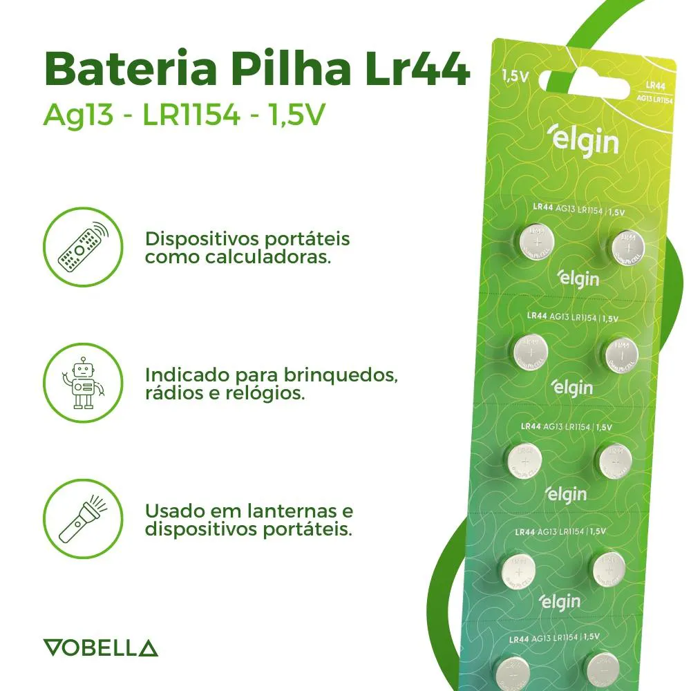 20 Baterias Pilhas Alcalina Lr44 1,5v Blister Cartela Elgin