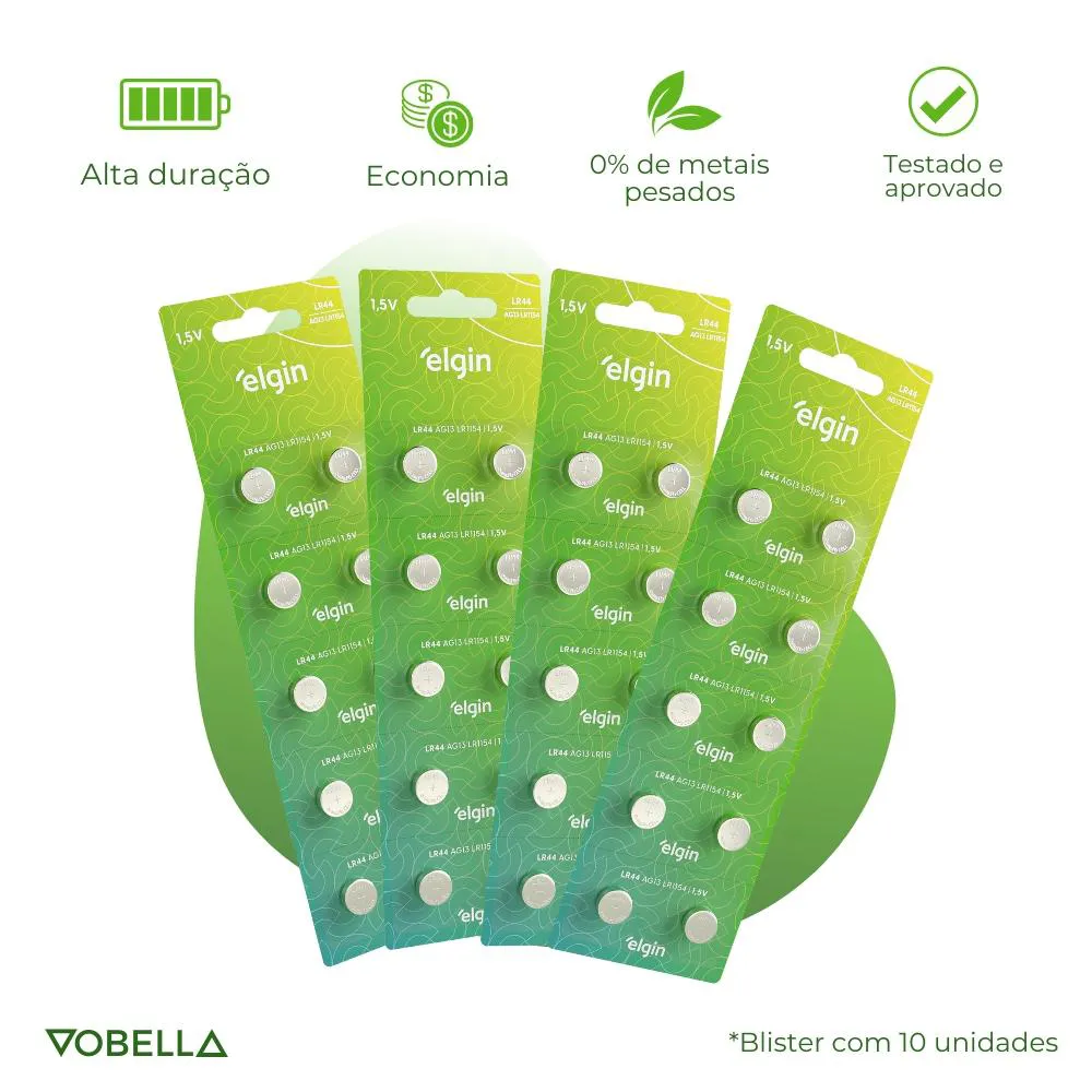 20 Baterias Pilhas Alcalina Lr44 1,5v Blister Cartela Elgin