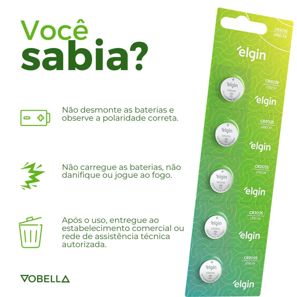5 Baterias Pilha Moeda Cr2025 3v Blister Cartela Elgin