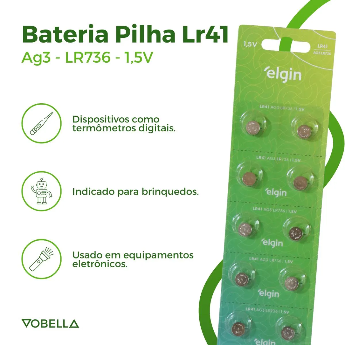 10 Baterias Pilhas Alcalina Lr41 1,5v Blister Cartela Elgin