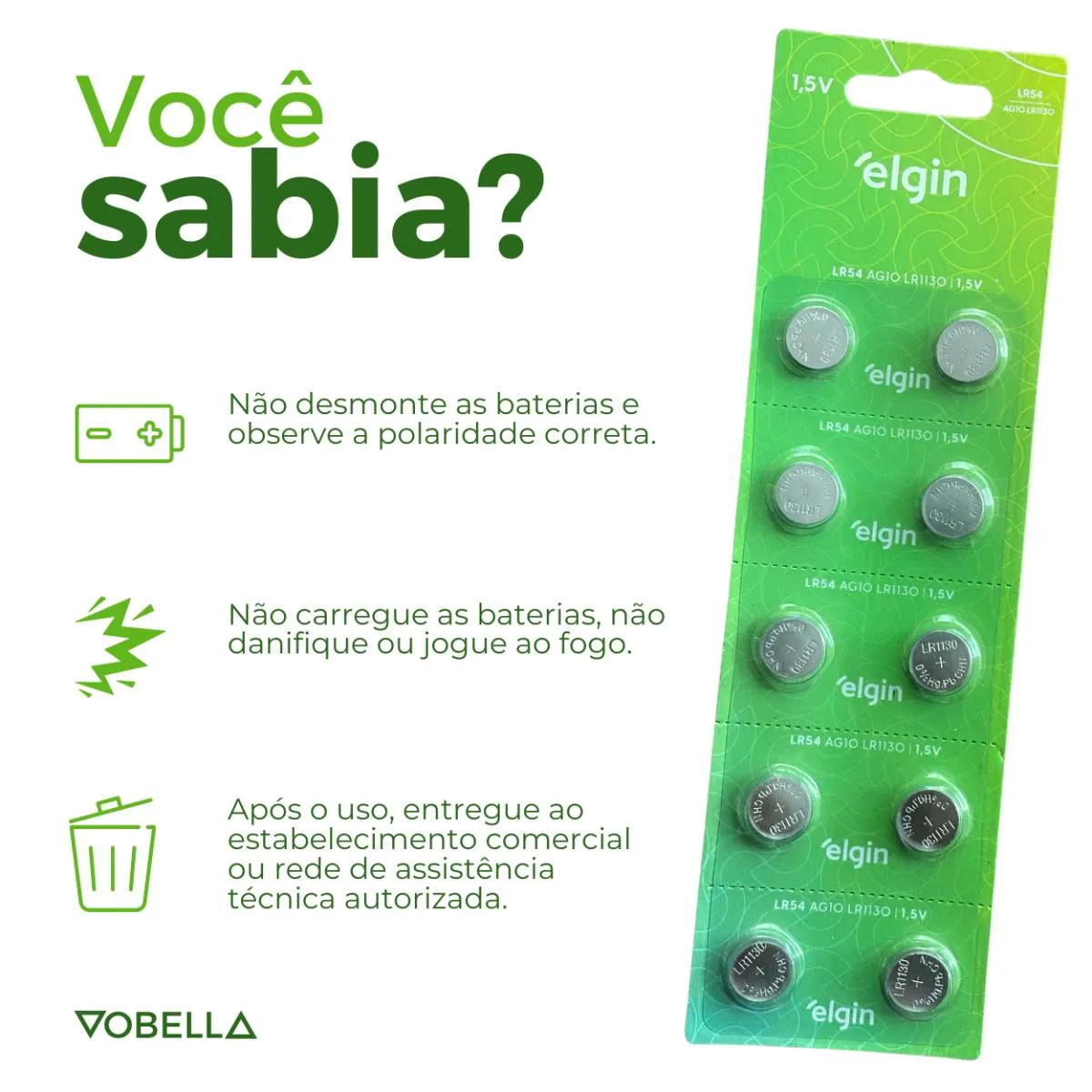10 Baterias Pilhas Alcalina Lr54 1,5v Blister Cartela Elgin