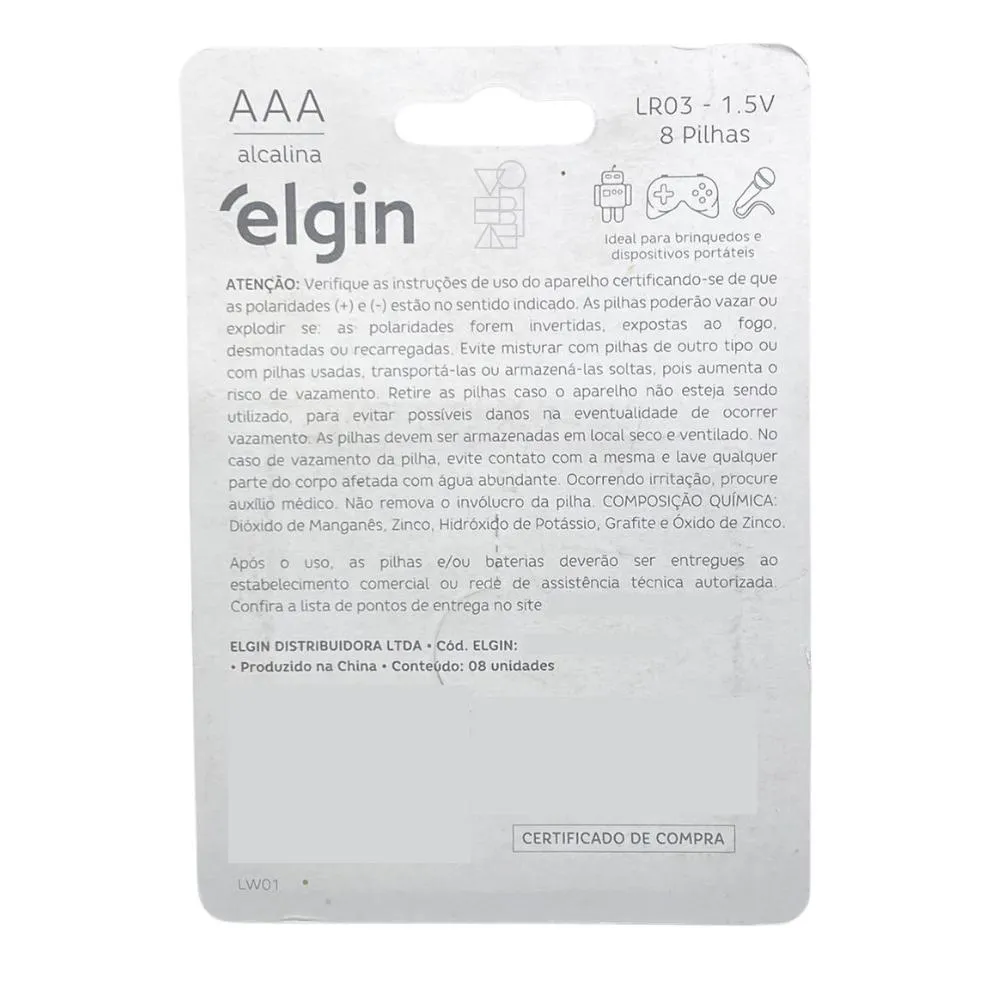 Pilha Alcalina Aaa Palito 1,5v LR03 Blister 8 Unidades Elgin