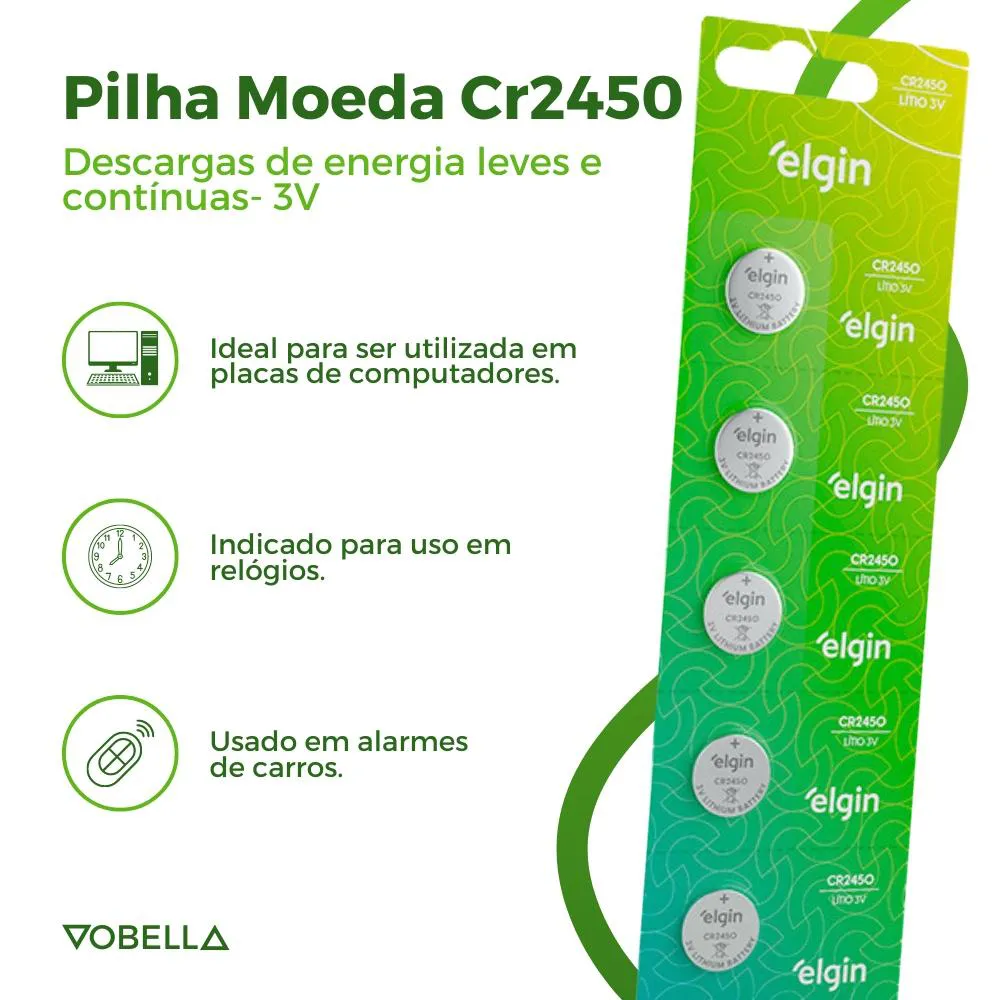 5 Baterias Pilha Moeda Cr2450 3V 1 Cartela Brinquedos Elgin