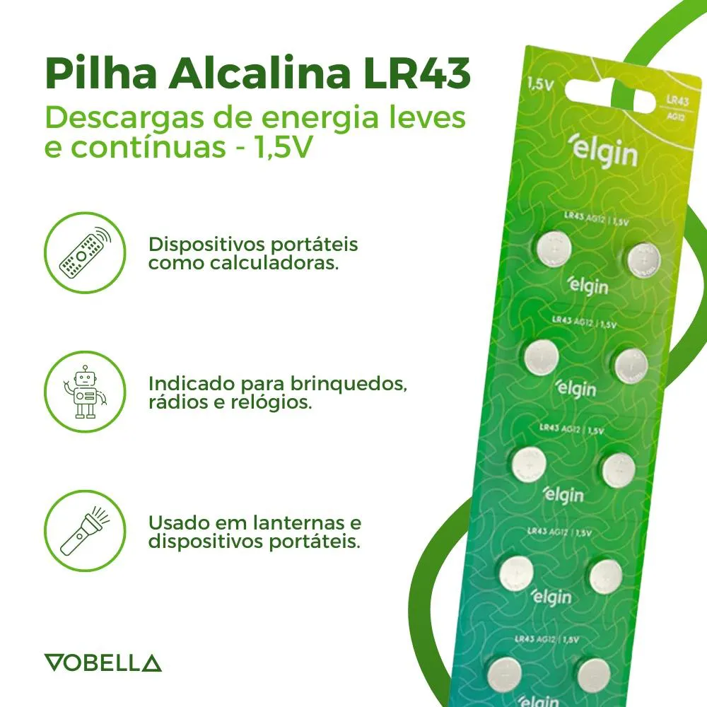 10 Baterias Pilha Botão Lr43 1,5V Ag12 1 Cartela Elgin