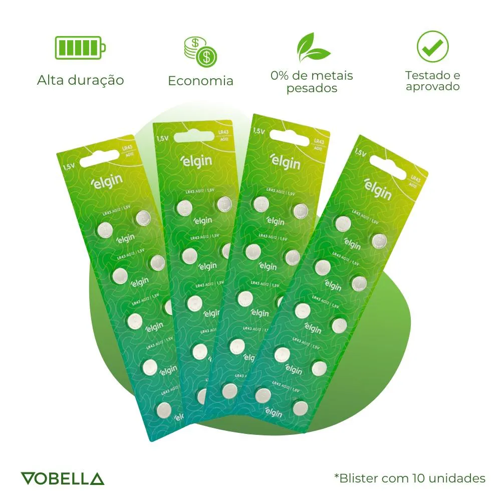 10 Baterias Pilha Botão Lr43 1,5V Ag12 1 Cartela Elgin