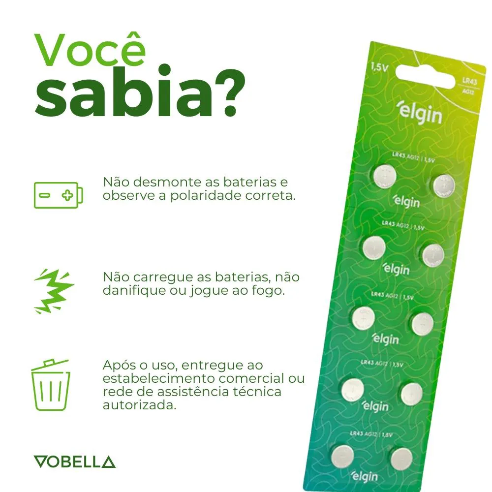 10 Baterias Pilha Botão Lr43 1,5V Ag12 1 Cartela Elgin