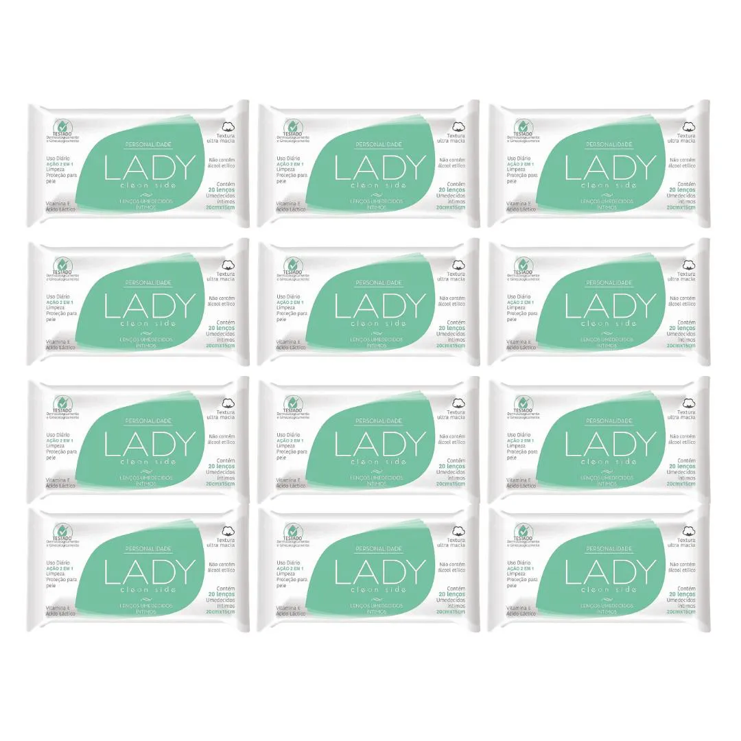 Kit com 12 Lenço Íntimos Clean Side com 20 Lenços – Lady