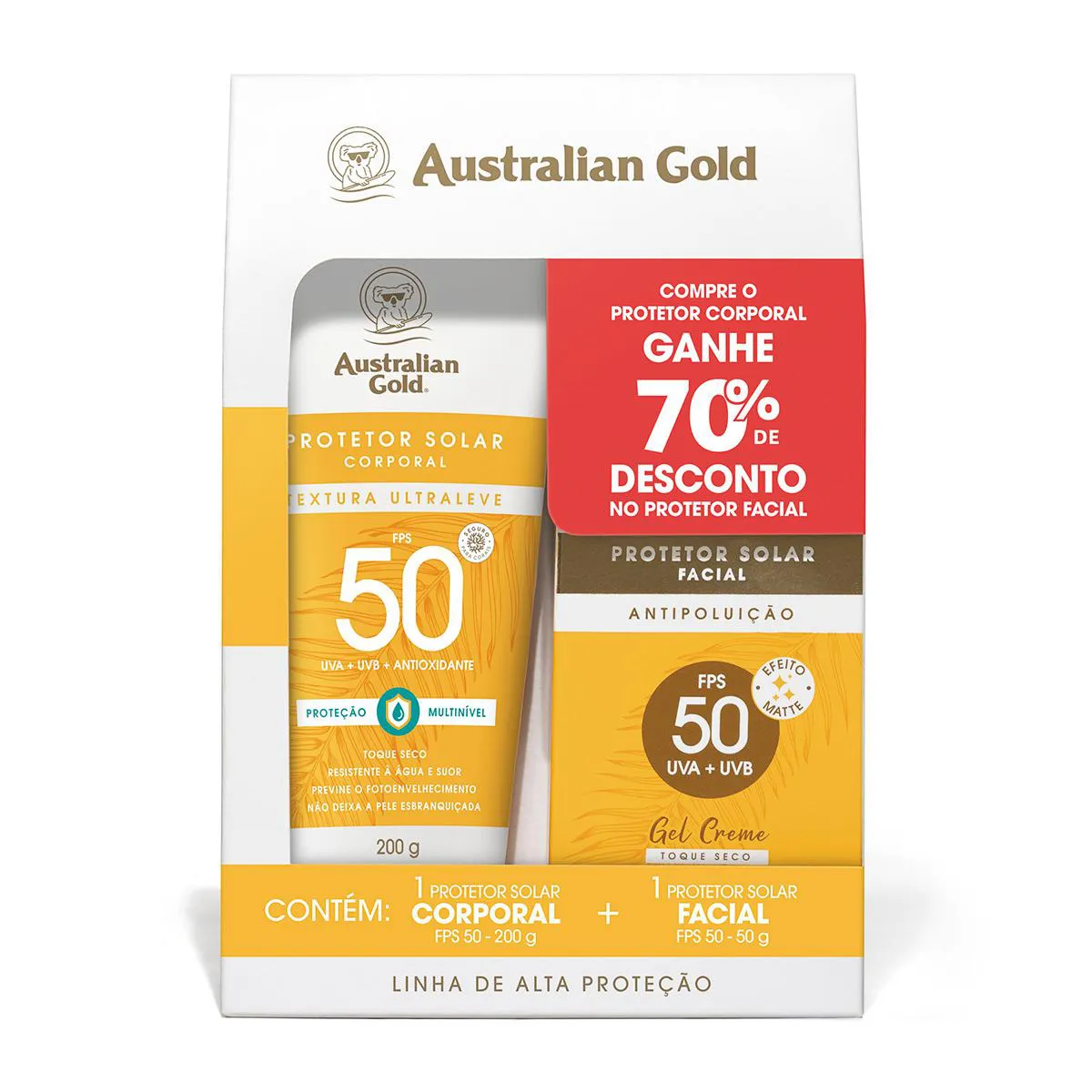 Kit Australian Gold Alta Proteção FPS 50 Protetor Solar Corporal Ultraleve 200g + Facial Gel Creme Antipoluição 50g