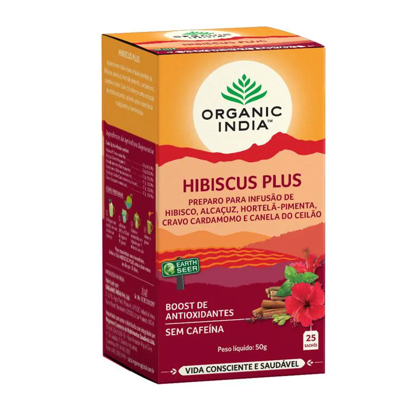 Chá Hibiscus Plus Organic India Caixa com 25 Sachês de 2 g