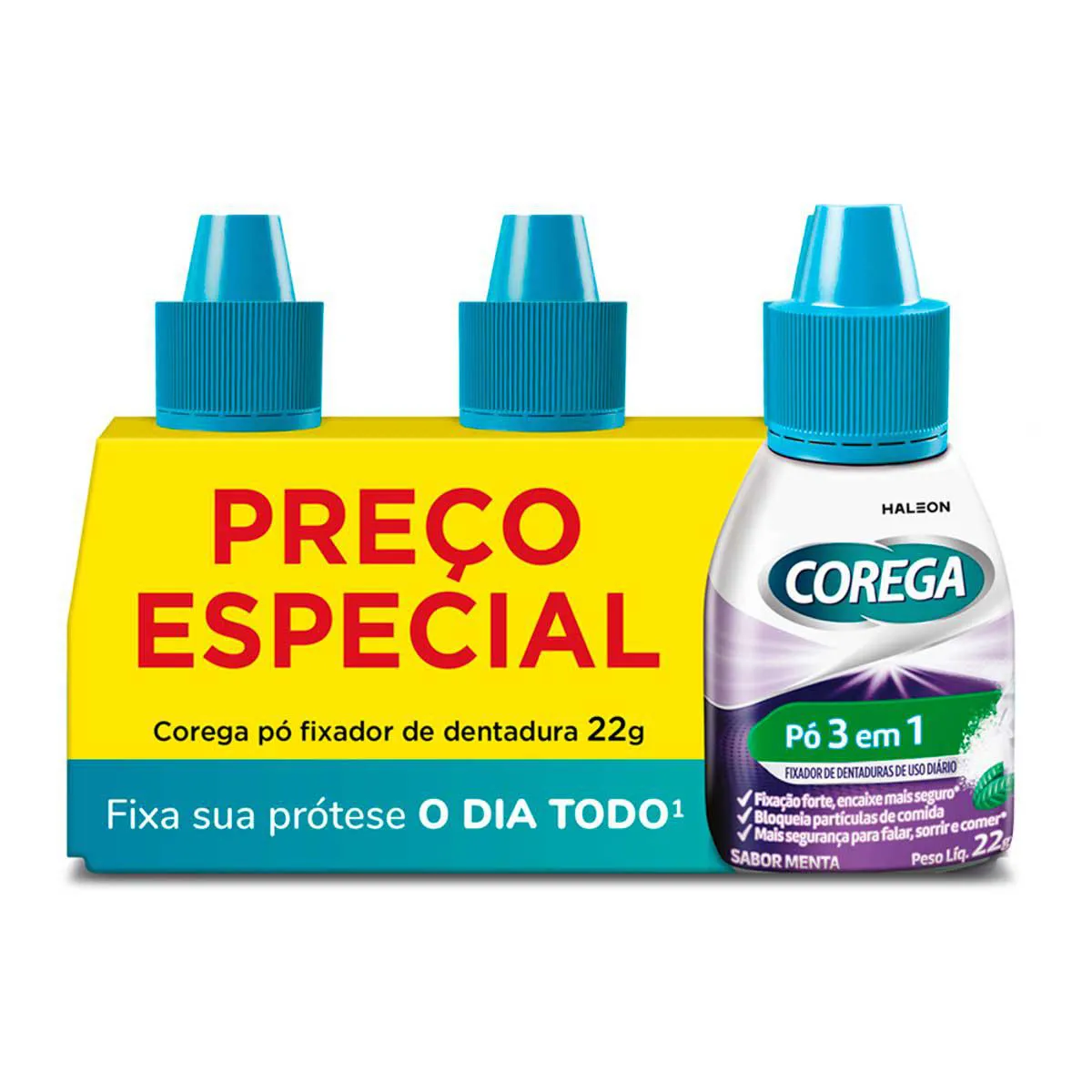 Kit Pó Fixador de Dentadura Corega 3 em 1 22g 3 unidades