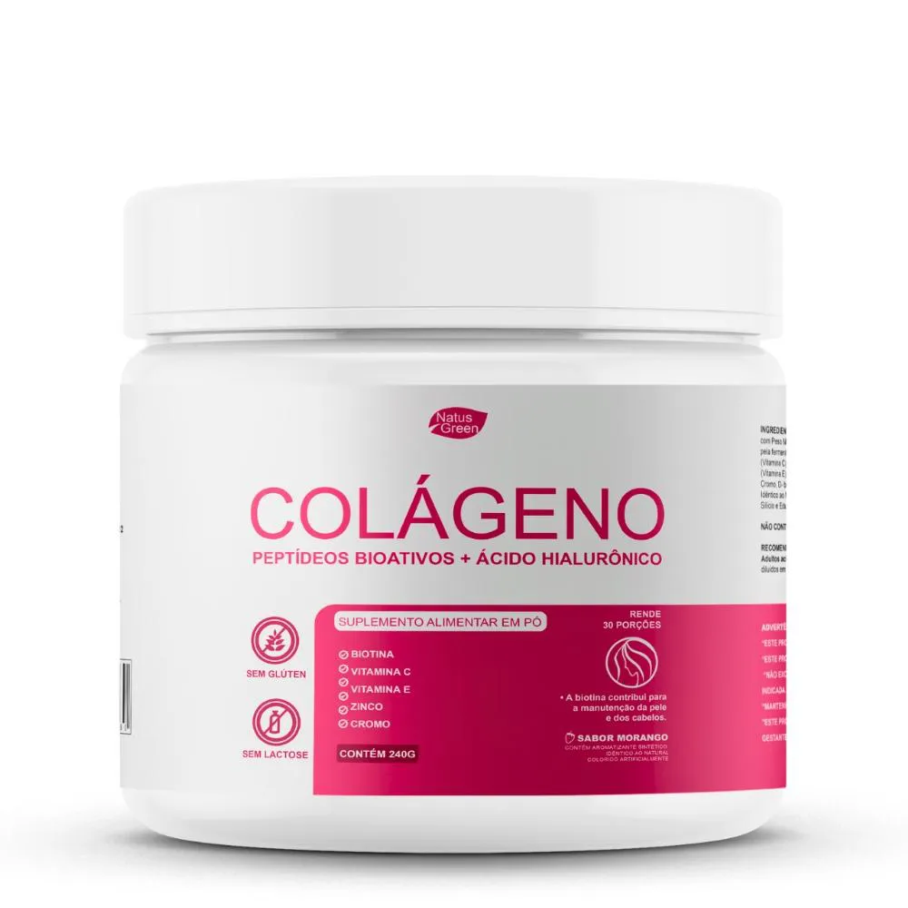 Colágeno Hidrolisado com Ácido Hialurônico 240g Sabor Morango Natus Green