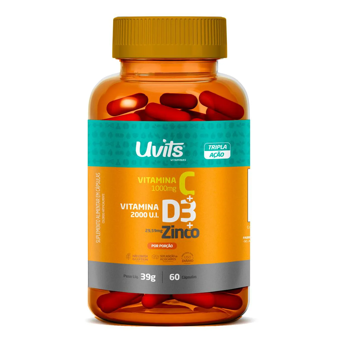 Vitamina C 1000mg + D3 2000ui + Zinco 29,59mg 60 Cápsulas - Uvits Sem Sabor