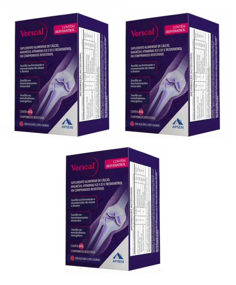 Verical Kit C/3 Caixas C/60 comprimidos Cada - Suplemento de Cálcio + Resveratrol + Vitamina D + Magnésio + Vitamina K2