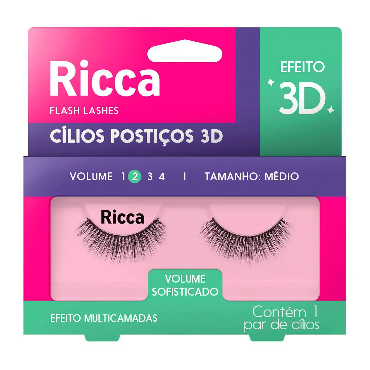 Cílios Postiços 3D Ricca Flash Lashes Vol. 2 Tamanho Médio 1 Par