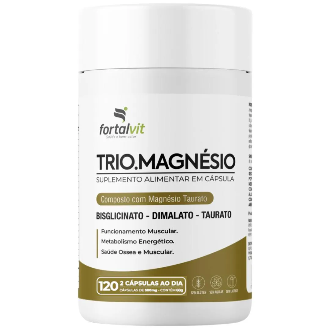 Trio.magnésio - Bisclicinato, Dimalato e Taurato 120 Cápsulas, 2 Meses, Fortalvit
