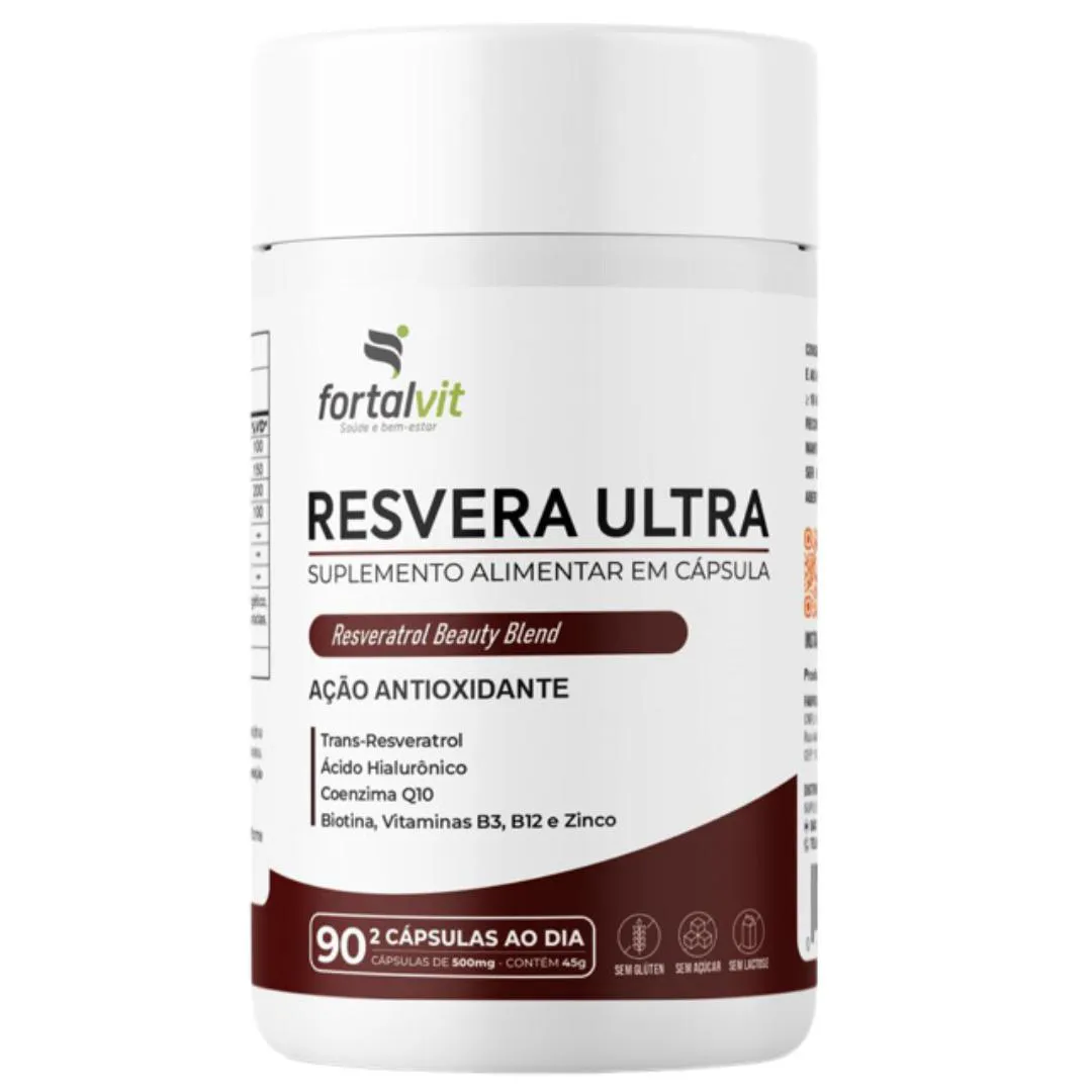 Resvera Ultra, 90 Cápsulas, Beauty Blend, Trans-resveratrol, Ácido Hialurônico, Biotina, Coenzima Q10, Vitaminas B3 e Zinco