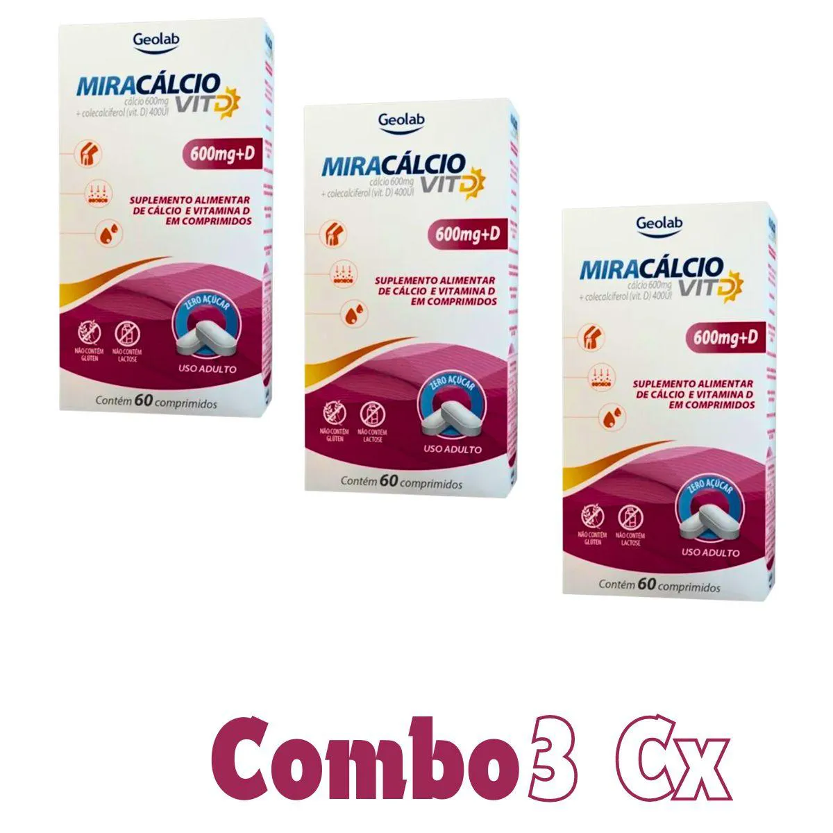 Calcio 600 com Vitamina D Miracalcio D Composicao Idoso Kit 3