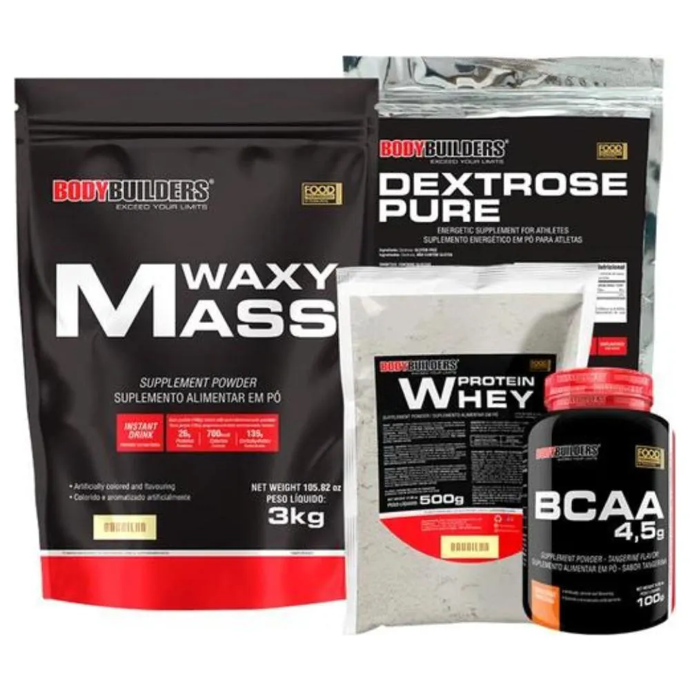 Kit Hipercalórico Waxy Mass 3kg + Whey Protein 500g + Bcaa 100g + Dextrose 900g - Bodybuilders Baunilha