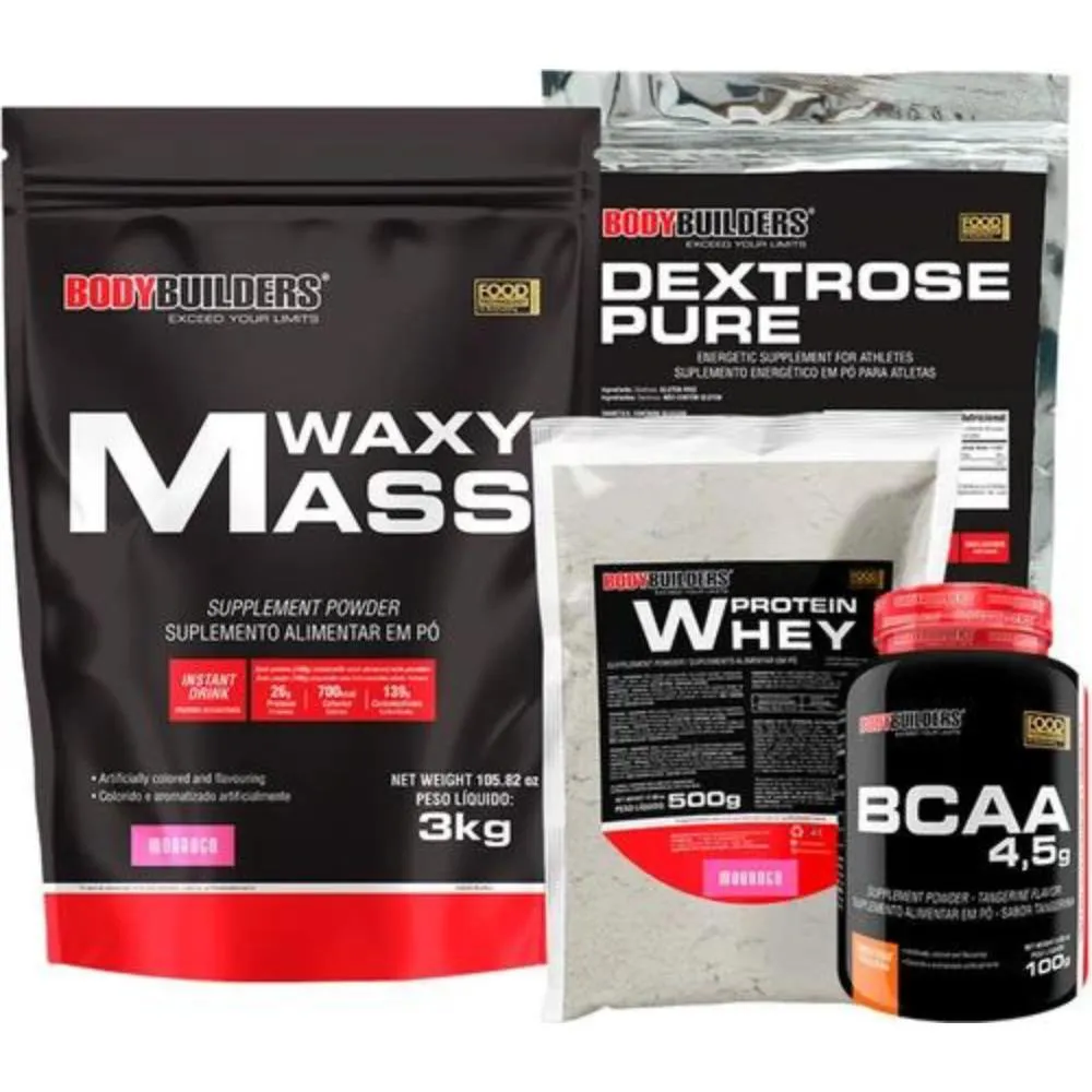 Kit Hipercalórico Waxy Mass 3kg + Whey Protein 500g + Bcaa 100g + Dextrose 900g - Bodybuilders Chocolate