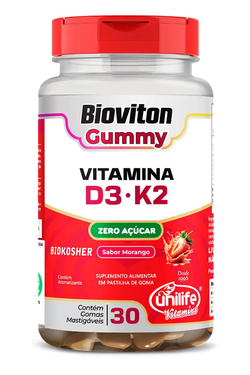 Vitamina D3 + Vitamina K2 Bioviton - Sabor Morango - 30 Gomas Mastigáveis