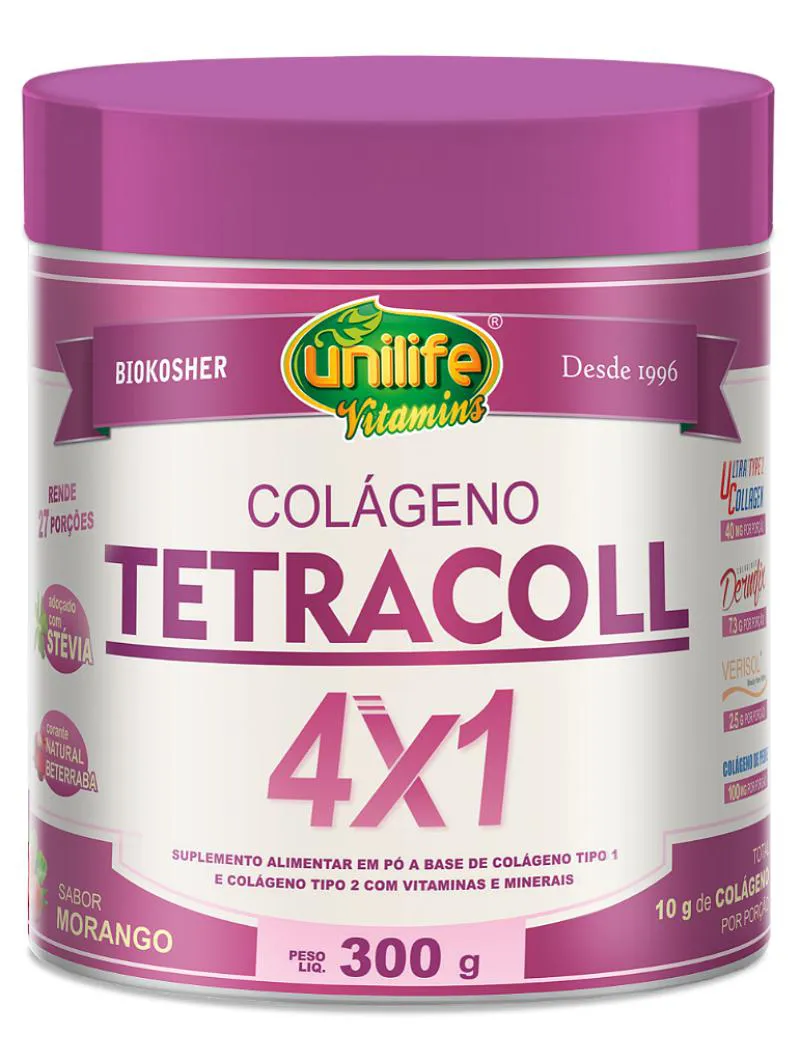Colágeno Tetracoll 4 X 1 em Pó - Sabor Morango 300 G