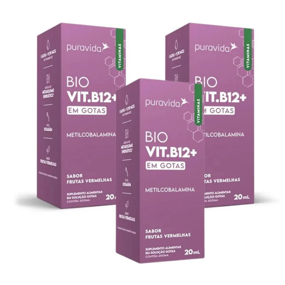 Kit 3 Bio Vit. B12+ Metilcobalamina Gotas Biodísponivel Puravida Frutas Vermelhas