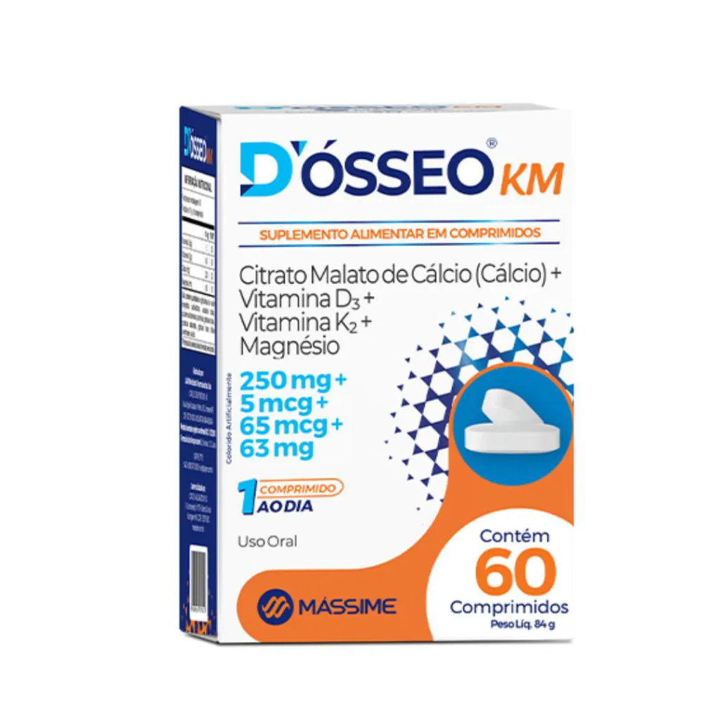 D'osseo Km - Cálcio + Magnésio + D3 e K2 - 60 cápsulas - Mássime