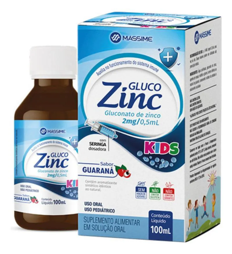 Gluco Zinc Infantil 100ml - Zinco 2mg - Sabor Guaraná - Mássime
