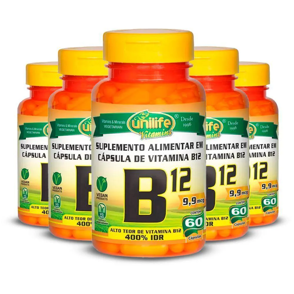 Kit 5 Vitamina B12 Cianocobalamina Unilife 60 cápsulas