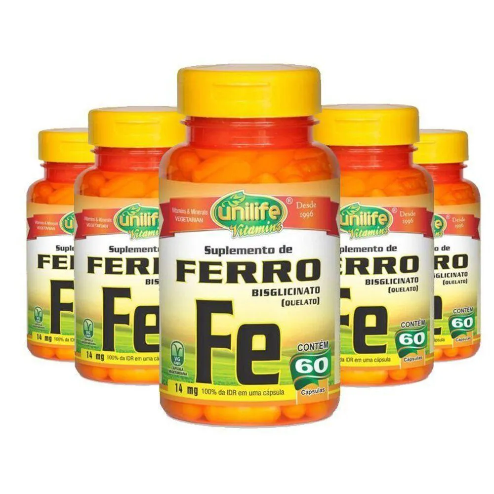 Kit 5 Ferro Quelato Fe 14mg 60 cápsulas Unilife