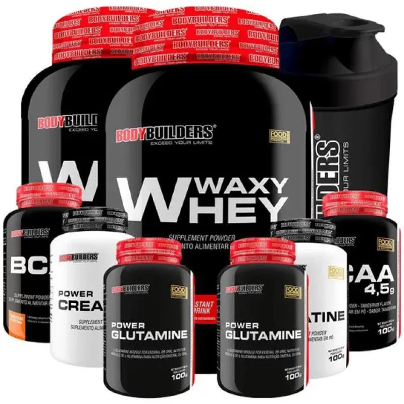 Kit 2x Waxy Whey 900g + 2x Bcaa 100g + 2x Power Creatina 100g + 2x Power Glutamina + Coq - Bodybuilders Cappuccino e Chocolate