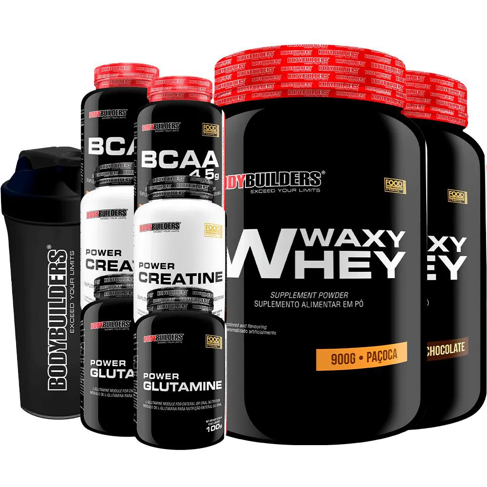 Kit 2x Waxy Whey 900g + 2x Bcaa 100g + 2x Power Creatina 100g + 2x Power Glutamina + Coq - Bodybuilders Chocolate e Paçoca