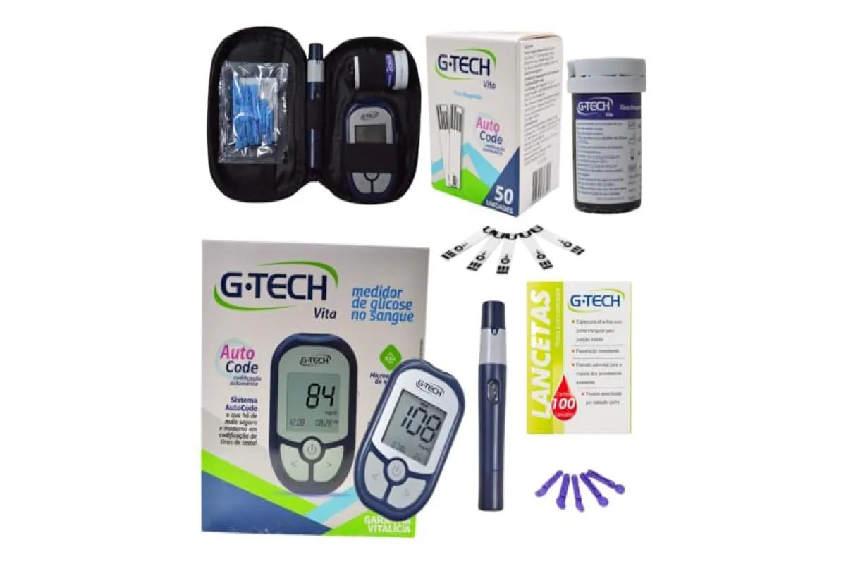 Kit Medidor de Glicose G-tech Vita Combo Completo com 60 Tiras + 110 Lancetas + Caneta Lancetadora