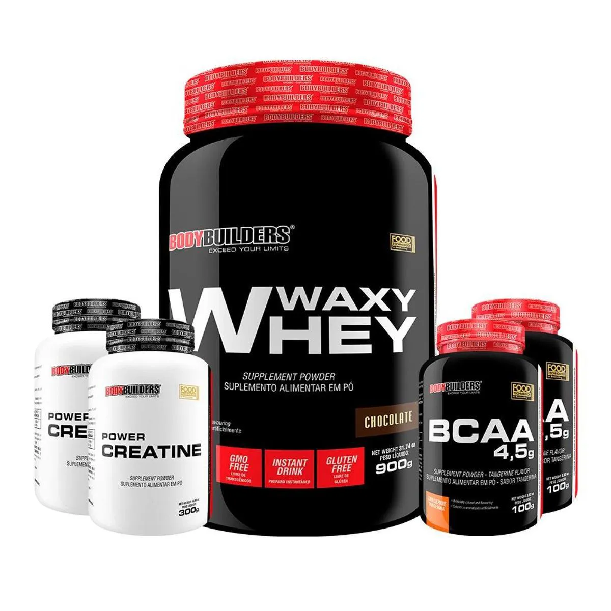 Kit Whey Protein Waxy Whey Pote 900g + 2x Bcaa 100g + 2x Power Creatina 100g - Kit para Ganho de Massa Muscular - Chocolate