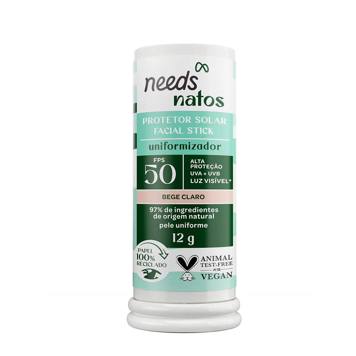 Protetor Solar Facial em Bastão Needs Natos Uniformizador FPS 50 Bege Claro 12g