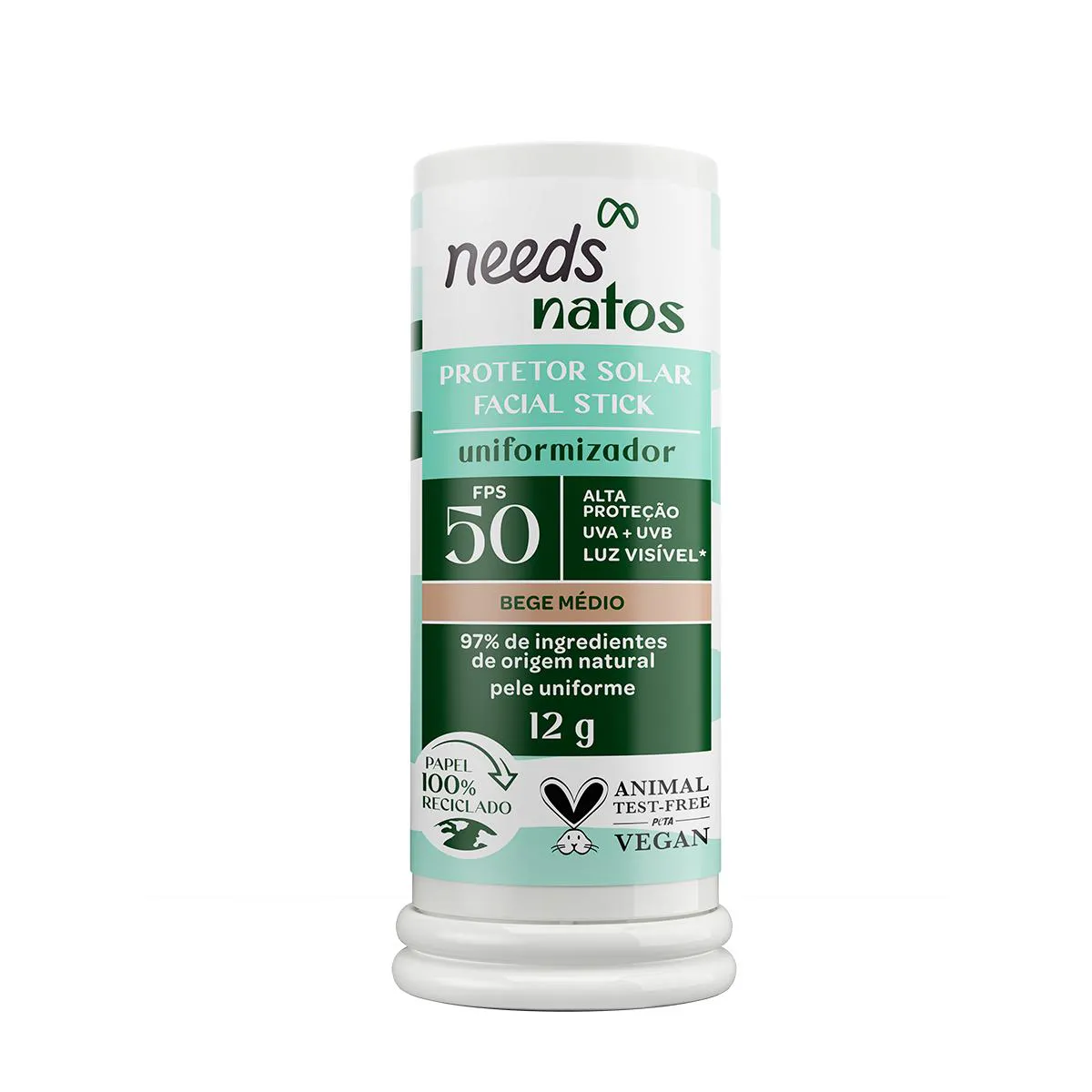 Protetor Solar Facial em Bastão Needs Natos Uniformizador FPS 50 Bege Médio 12g