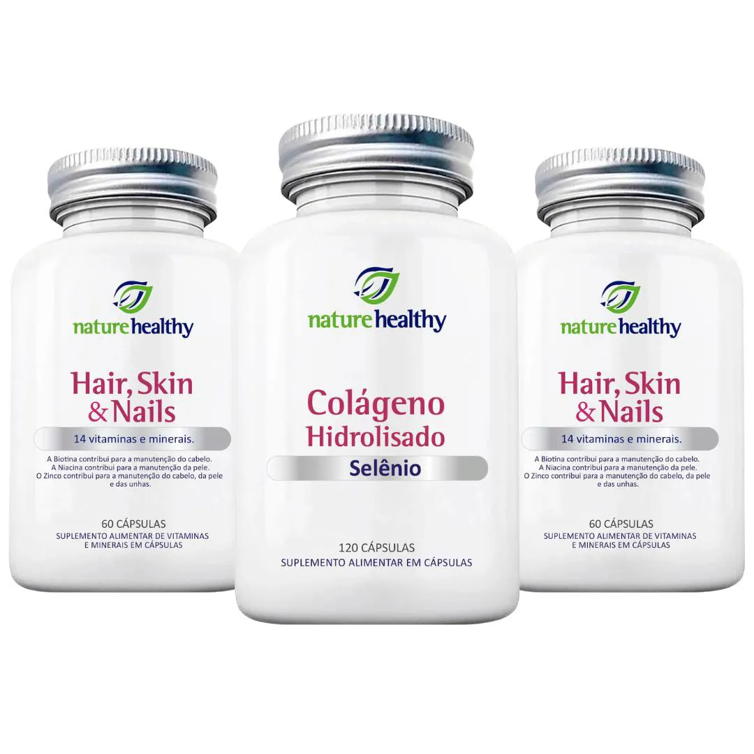 Kit Cabelos - 2 Hair, Skin & Nails 60 cápsulas + 1 Colágeno Hidrolisado 400MG com Selenio 120 cápsulas Nature Healthy
