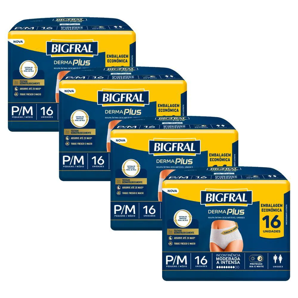Kit 4 Roupas Íntima Bigfral Pants Derma Plus P/m com 16un Cada